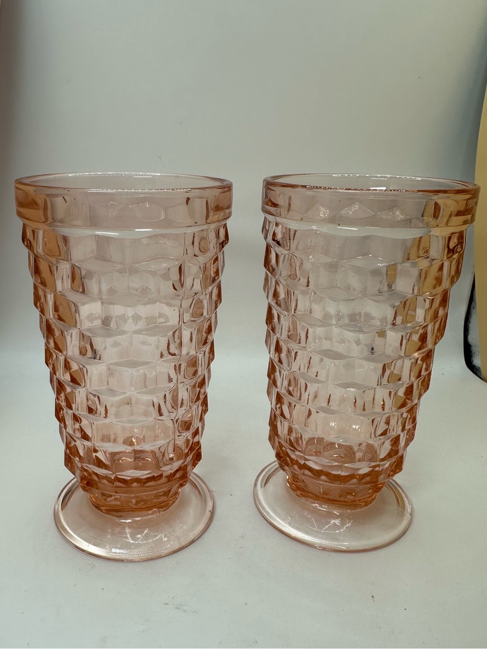 2 American Whitehall Peach Collection 6 1/8 tall glasses tumblers cube pattern
